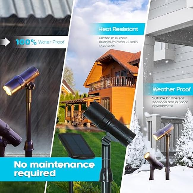 Solar Powered Spotlight, 2 Pack, 50 Lumens, Adjustable Height - Easy to Install, Waterproof LED Solar Outdoor Spot Lights for Yard, Garden, Patio, Tree, Landscape - Includes 15 Panel