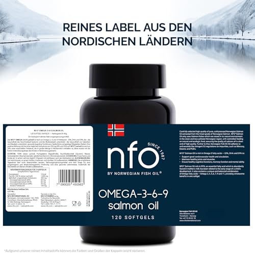 NFO Omega 3-6-9 Salmon Oil – 120 Mini Kapseln | Norwegisches Wildlachsöl in Triglyzeridform | Mit EPA DHA DPA | All-in-One Omega Komplex | Made in Norway