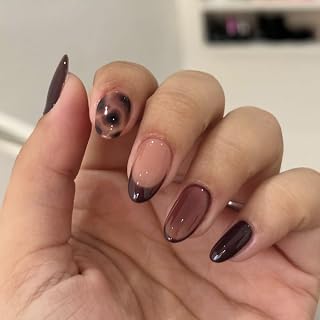 Brown Press on Nails Medium Almond Fake Nails Fall Winter Tortoise Nails Press ons with French Design,Full Cover Stick on Nails for Women Manicure,Reusable | Artificial | Easy Apply | 24Pcs