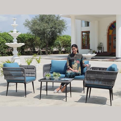 Image of LOCCUS 4-Piece Rope Sofa Set - Outdoor & Indoor Patio Furniture with Waterproof Cushions, Powder-Coated Iron Frame & Glass Top Table for Garden, Balcony [Grey & Blue]