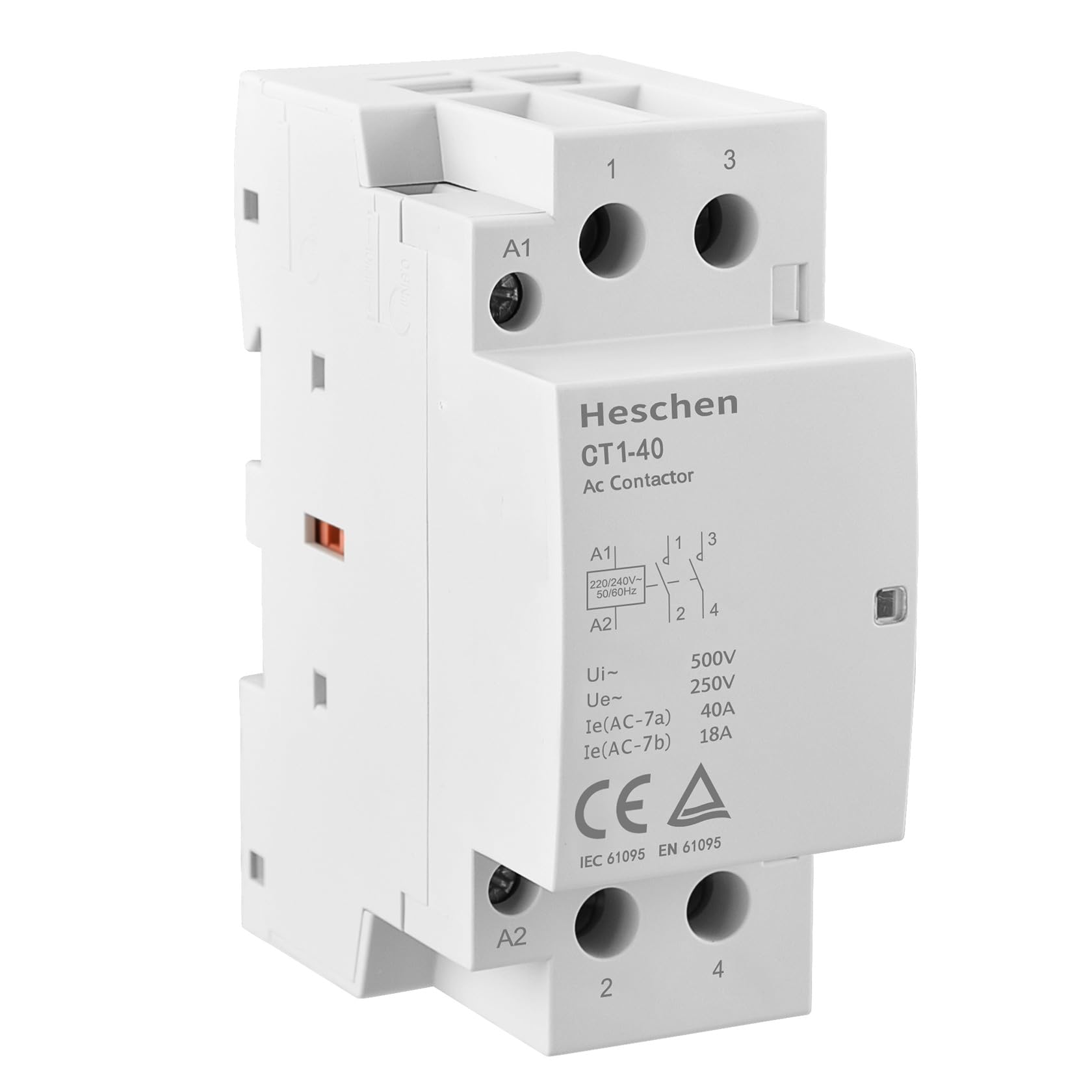 Heschen Household AC Contactor, CT1-40, Ie 40A, 2 Pole, Two Normally Open, AC 220V Coil Voltage, 35mm DIN Rail Mount