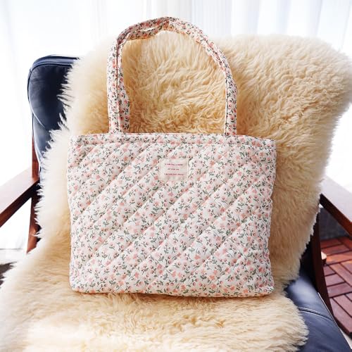 Image of Floral Quilted Cotton Shoulder Bag for Women Daily Use Medium Size Handbag Large Capacity Thickened Design Tote