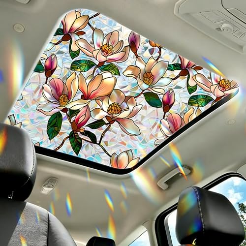 Meetcolor Magnolia Sunroof Stained Glass Window Film Decorative 3D Rainbow Window Film Non-Glue Static Cling Sunroof Decal for Car Moonroof Home Glass Door Decor 16.9 x 39.4