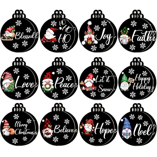 BORAMDO Weihnachtswichtel aus Holz, hängende Ornamente, 24 Stück, Holzscheibe für Baumdekorationen mit Seilen, zum Aufhängen für Heimdekoration (schwarze Basis) Cover