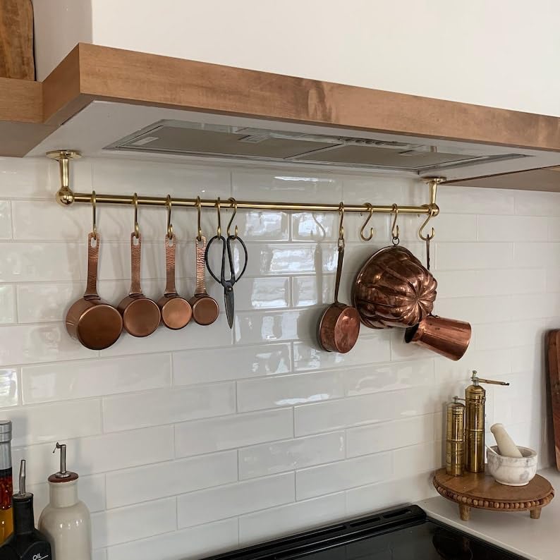 Portapentole in Ottone Non Laccato con Ganci A S, Portapentole in Ottone Non Laccato, Portapentole in Ottone Dorato Fatto A Mano, Rustico, da Parete，40 Inches