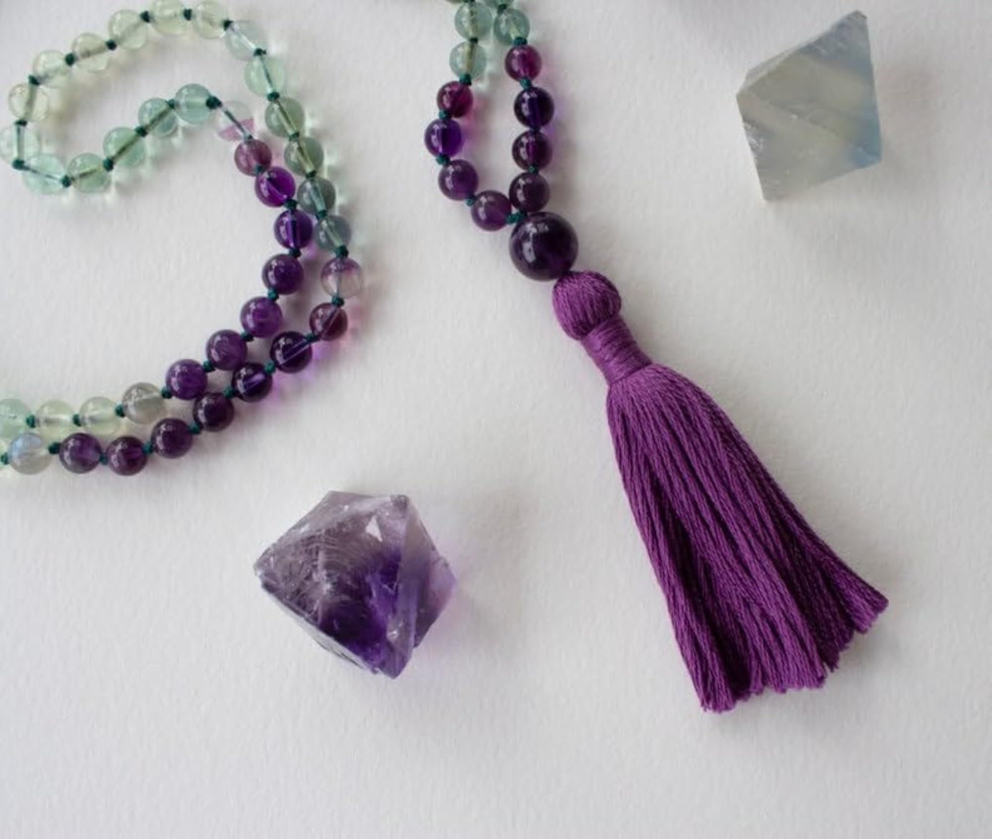 Natural Fluorite & Amethyst Beaded Handmade Prayer Mala Necklace