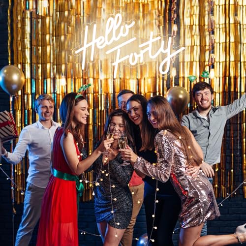 Image of Hello Forty Neon Sign 40th Birthday Party Decorations Neon Signs Hallo Forty Party Favors LED Neon Lights Gift for Him /Her