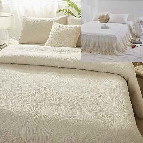 Brandream 4-Piece Luxury Boho Cotton Quilted Comforter Set King Size Beige Quilts Matelasse Bedspread Set #TOP16