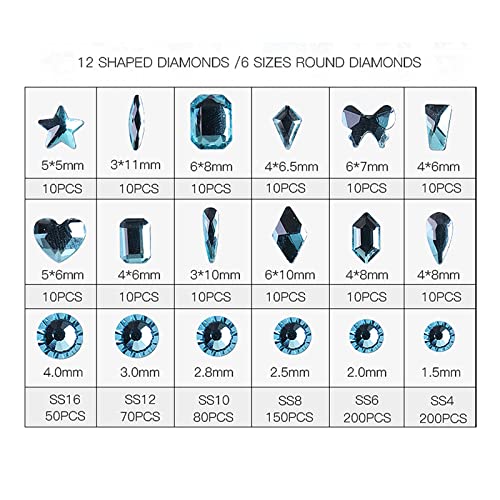 Belicey Lake Blue Crystal Rhinestones For Nails Kit Multi-Shape Size Nail Art Rhinestones Glass Flatback Diamonds Gems Stones For Nail Charm Jewels Diy Crafts Clothing Nails Art Accessories #TOP2