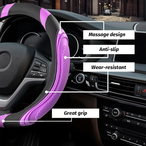 Image of Osilly 15 Inch Car Leather Steering Wheel Cover, Automotive Accessories Elastic Breathable Anti-Slip Soft Wheel Protector Fits Men and Women, Suitable for SUVs, Trucks, Vehicles and RVs (Purple)