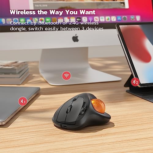 Image of Nulea M501 Wireless Trackball Mouse, Rechargeable Ergonomic, Easy Thumb Control, Precise & Smooth Tracking, 3 Device Connection (Bluetooth or USB Receiver), Compatible for PC, Laptop, Mac (H-DOrange)