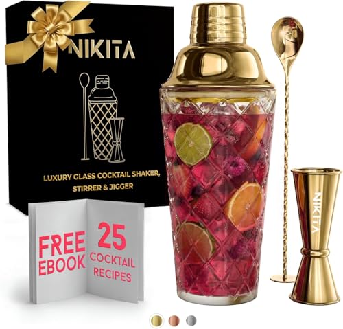 NIKITA by Niki Glass Cocktail Shaker Set, 5-Piece Martini Shaker & Bartender Kit with Bar Accessories Strainer, Jigger, Spoon & Muddler, Gold 16oz Drink Mixer with Bartender Accessories