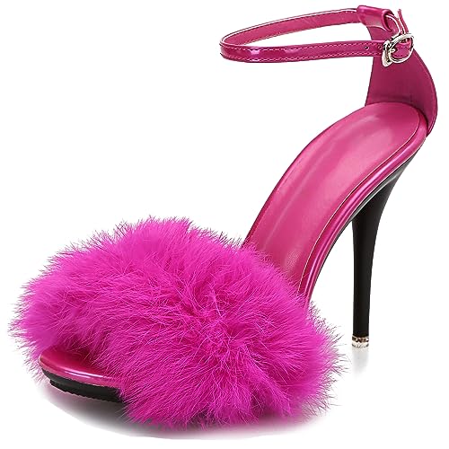 Sandales en fourrure TM017 à talon rose de 10.5 cm : l'élégance glamour pour femme
