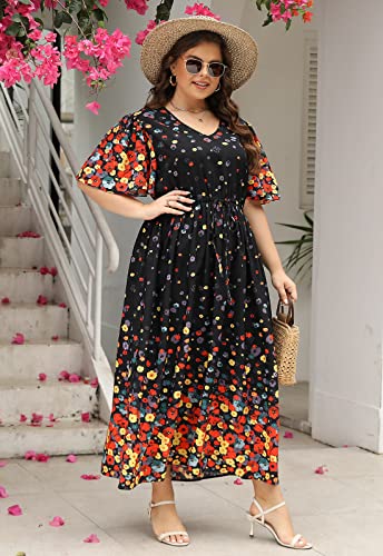 Image of Nemidor Womens Plus Size Maxi Dress Summer Boho Sundress Floral Print Flared Casual Long Dresses with Pocket