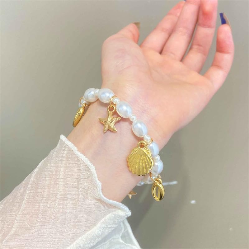 ONLYJUMP Sea Shell Starfish Bracelets for Women Trendy Ocean Charm Bracelet Gold Starfish Rudder Seashell Charm Pendant Link Bracelets Bohemian Hawaiian Summer Beach Bracelets Vacation Holiday Jewelry Gift3