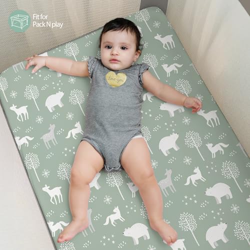 Image of Baby Mini Crib Sheets Boy, Portable 38 inchx26 inch Pack and Play Sheets Fitted for Playard and Pack N Play Mattress, 3-Pack Soft Microfiber Green Forest Bear