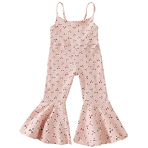 Pudcoco Toddler Baby Little Girls Halter Straps Floral Bell Bottom Jumpsuit Ribbed Flare Romper Summer Outfit