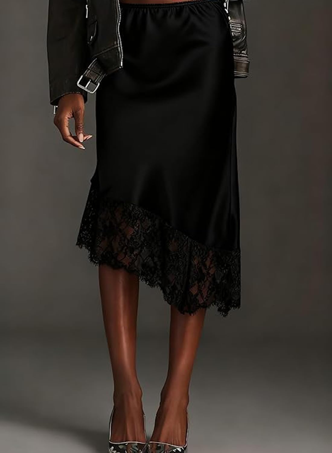 ABINGOO Women Satin Asymmetrical Midi Skirt Elastic High Waist Elegant Long Slip Skirts with Lace Trim - Image 5