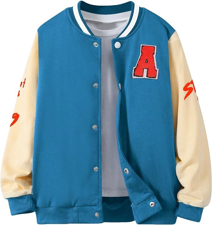 Boy's Varsity Jacket Patches Leather Sleeve Baseball Bomber Jacket
