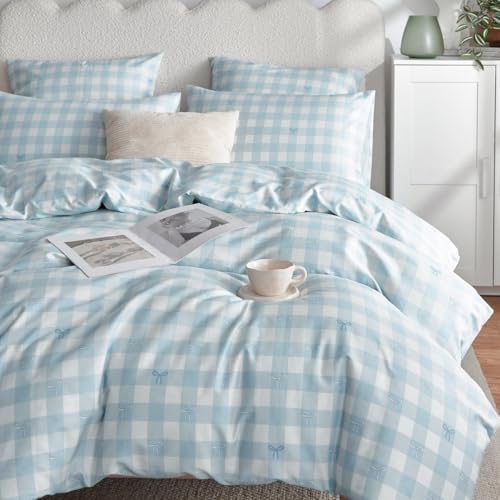 Lanqinglv Bettwäsche 135x200 Baumwolle Blau Weiß Kariert mit Schleifen,Baumwollbettwäsche Renforce ÖKO-TEX Bettwäsche Set Gitter Bettbezug mit Reißverschluss und 1 Kissenbezug 80x80 cm