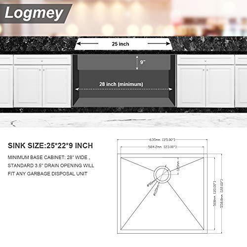 25 Bar Sink Undermount - Logmey Bar Prep Sink 18 Gauge Undermount Single Bowl Stainless Steel Kitchen Sink, 25X22 inch