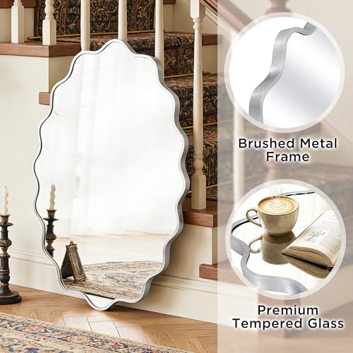 Image of Silver Oval Wall Mirror, 24 inch x 36 inch Wavy Bathroom Mirror for Wall with Brushed Alloy Steel Frame&Shatter-Proof Glass, Hanging Decorative Wall Mirrors for Bathroom Sink, Bedroom, Entryway