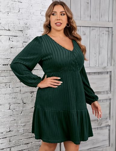 Image of Women's Plus Size Casual Sweater Dress Square Neck Long Lantern Sleeve Tie Waist Loose Pullover Sweater Dresses