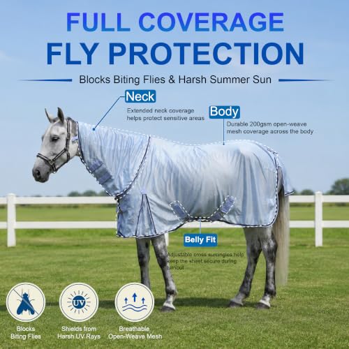 Image of Horse Fly Sheet with Detachable Neck, Maximum Airflow Breathable Open Weave Mesh for Hot Weather, Anti-Rub Comfort, 65% UV Protection, Cool Summer Sheet for Pasture & Barn Greyblue 84