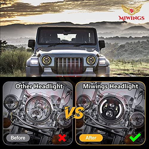 Image of Miwings 6 LED Projector Headlight with Dual Color DRL Half Ring For Mahindra Thar /Jeep /Royal Enfield Bike Models, 7 Inch, White & Amber