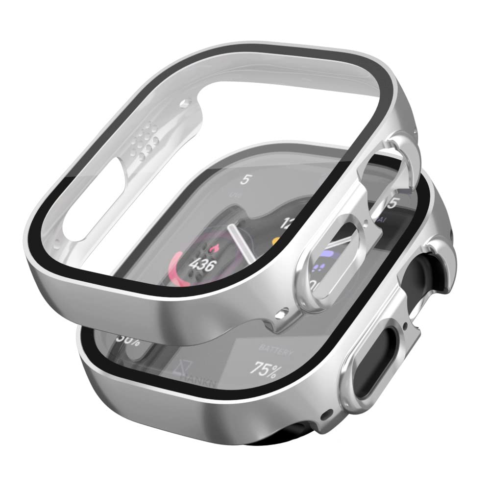 Confezione da 2 custodie rigide placcate per Apple Watch Ultra 2/Ultra 49 mm, in vetro temperato, copertura completa, antiurto, 49 mm, argento e argento