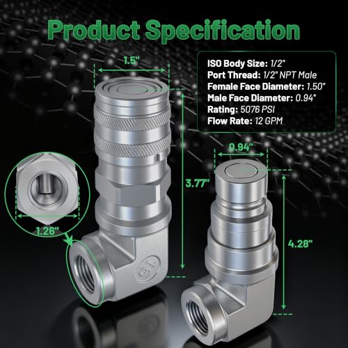 Image of Flat Face 90Skid Steer Hydraulic Quick Coupler,1 /2 inchNPT x 1 /2 inchBody Male