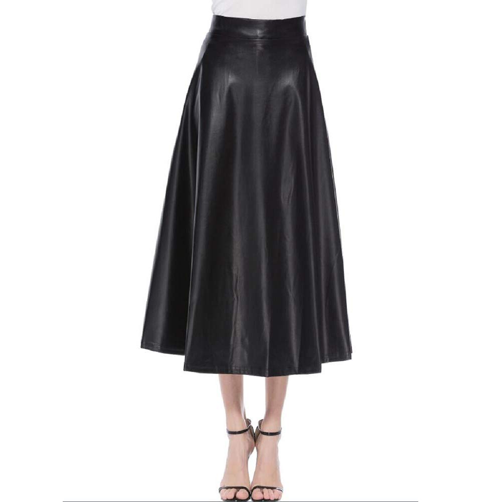 Falda Cuero Mujer Falda de Piel sintética for Mujer, Cintura Alta, Cremallera, Plisada, Corte en A, Falda Larga Acampanada