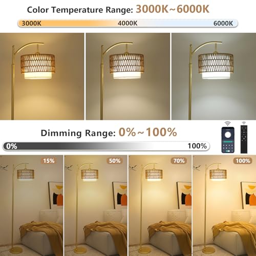 Image of Gold Floor Lamps for Living Room with Remote & Dimmable LED Bulb, Modern Arc Floor Lamp with 3 Color Temperatures, Boho Standing Lamp with Rattan & Fabric Shades, Adjustable Tall Lamp for Bedroom
