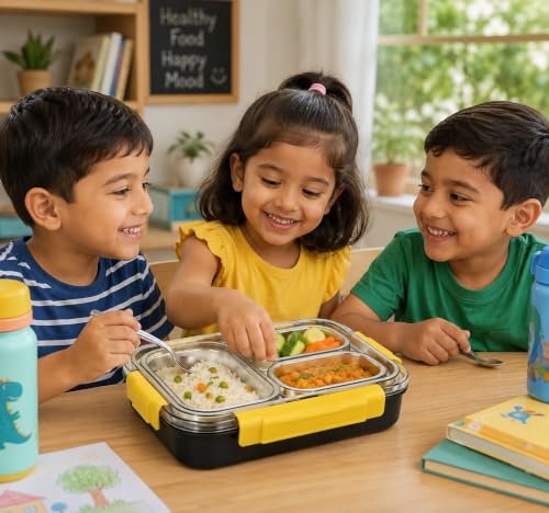 Image of Sanghariyat Bento Pro Lunch Box 710ml, 3 Compartment Stainless Steel Lunch Box with 100% Leak-Proof Silicone Seal, BPA-Free Food-Grade Lunch Container with Spoon & Pair of Chopsticks School Kids Blue