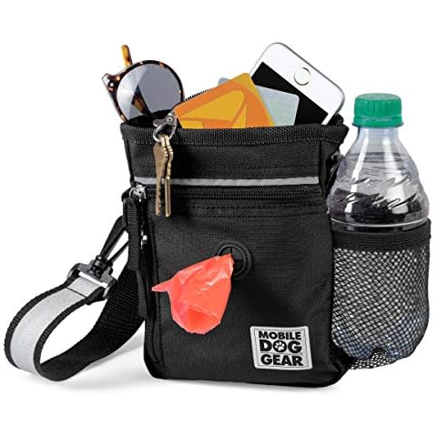 Mobile Dog Gear Dog Walking Fanny Pack (6"x7", Black) - Dog Training Treat Pouch with Poop Bag Dispenser & Bags, 2 Reflective Wrist Straps, Adjustable Shoulder Strap, Flashlight, Water Bottle Pocket Cover