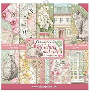 STAMPERIA INTERNATIONAL, KFT Stamperia-Mini Scrapbooking Pad-Double Sided Sheets-Orchids and Cats, Various, 20.5 x 20.5 cm