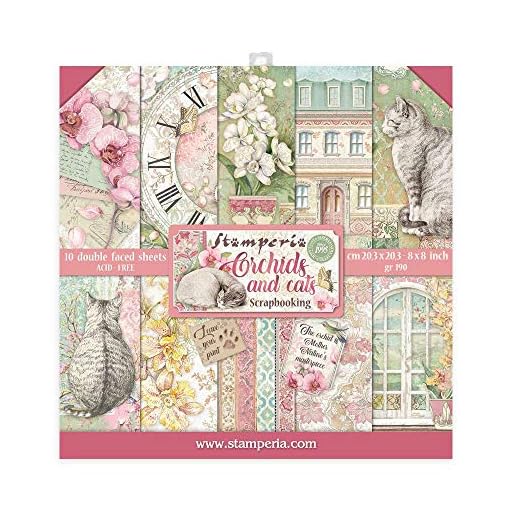 STAMPERIA INTERNATIONAL, KFT Paper Pad 8X8 10PK Orchid/Cat Libreta de Scrapbooking, 10 Hojas, 20,3 x 20,3 cm, orquídeas y Gatos, Papel, 20.3cmX20.3cm