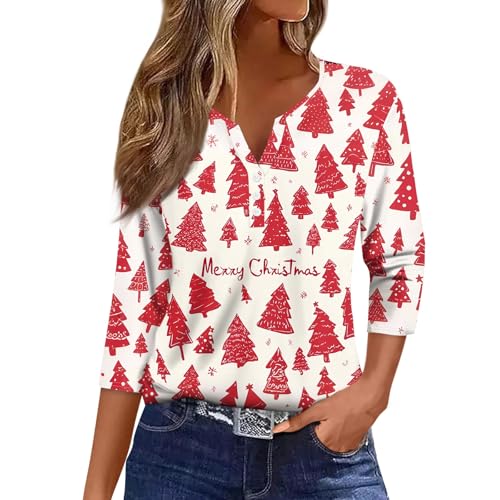 Image of Women Christmas Shirt 3 /4 Length Sleeve Henley Tops Xmas Outfits