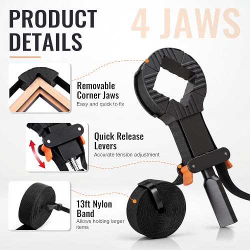 Image of Feekoon 13 FT Belt Band Strap Clamps for Woodworking, Quick Release Band Clamps with 4 Corner Claws, Thick and Sturdy Belt Clamp, Adjustable Picture Frame Clamp Tool (12 Pack)