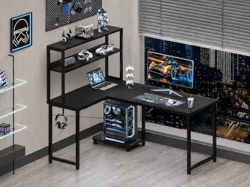 Image of Reversible L Shaped Computer Desk with Storage Shelves | Wooden Corner Study Table with Black Metal Frame | Home Office Workstation Desk | Table for Computer Setup| Black |130x50x150 cm