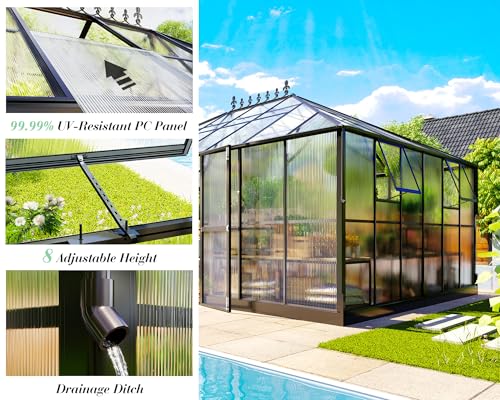 Jocisland-16x12x95-FT-Polycarbonate-Greenhouse-6-FT-Wall-Height-Outdoor-Aluminum-Greenhouses-with-2-Ventilation-and-Rain-Gutter-Double-Doors-with-Hook-Walk-in-Greenhouse-for-Backyard-Garden Jocisland 16x12x95 FT Polycarbonate Greenhouse 6 FT Wall Height Outdoor Aluminum Greenhouses with 2 Ventilation and Rain Gutter Double Doors with Hook Walk in Greenhouse for Backyard Garden
