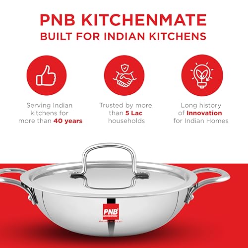 Image of PNB Kitchenmate Triply Stainless Steel kadai - 2.0 Liter | Induction Compatible triply kadai with lid | Stainless Steel cookware | Try ply cookware for Indian Cooking |Dishwasher Safe|5 Year Warranty