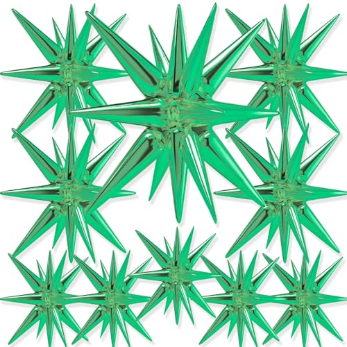 Image of PartyWoo Green Star Foil Balloons 10pcs Different Sizes Pack of 42 27 22 Inch Explosion Spike Mylar Balloons for Birthday Baby Shower Graduation Woodland Dinosaur Jungle Theme Party Decorations