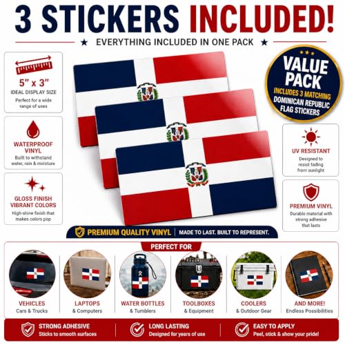Image of Dominican Flag Vinyl Flag Stickers, Car Decals, Waterproof Indoor Outdoor, Laptop Stickers, Car Bumper, Bandera Dominicana, 5 x 3 Inches, Set of 3