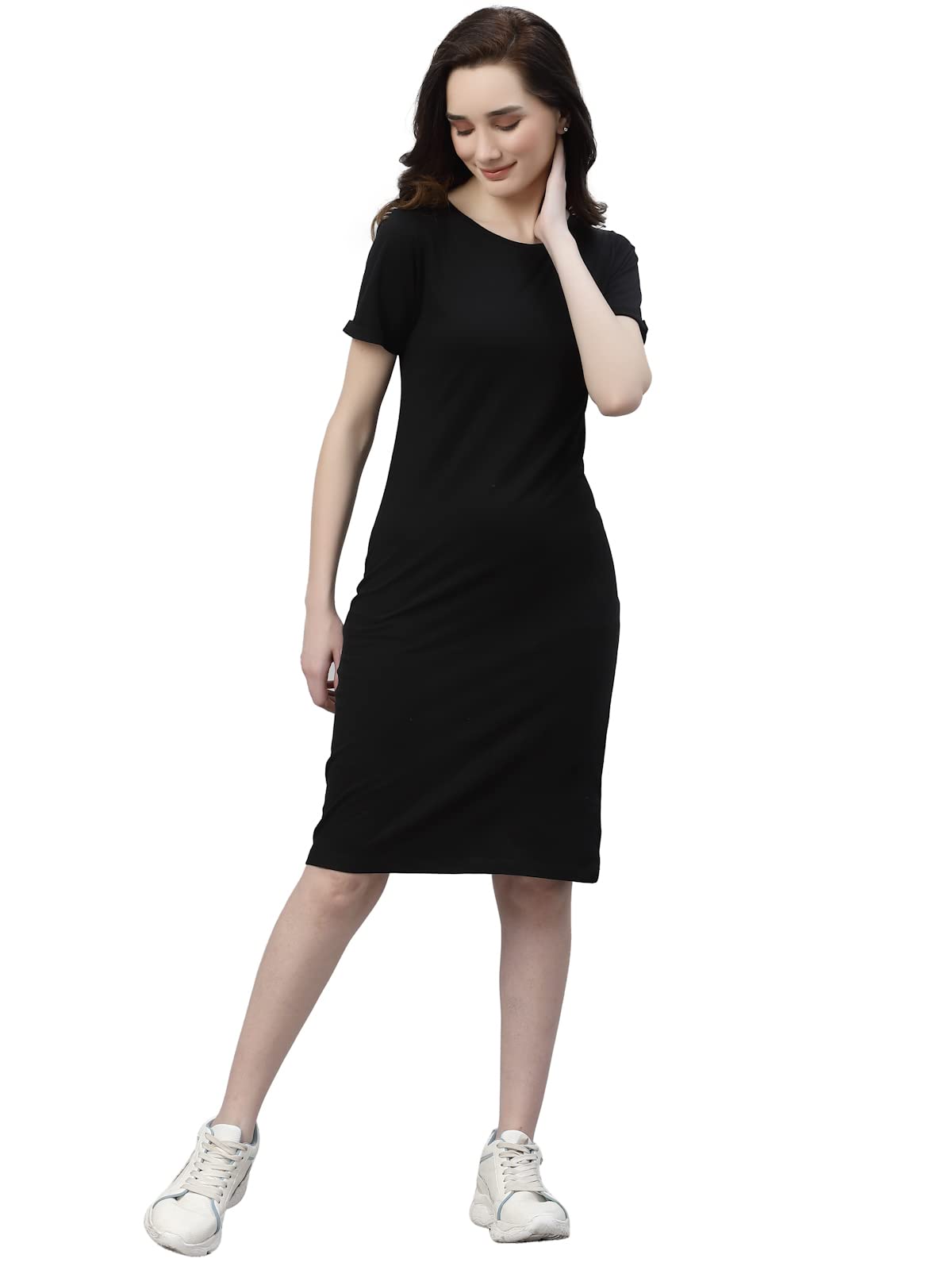 Rigo Women Black Round Neck Shorts Sleeve Bodycon Dress