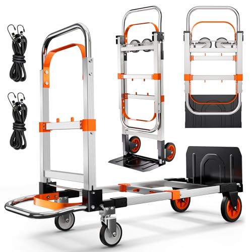 Zolpoyia 3 in 1 Folding Hand Truck Dolly Cart with Wheels Foldable Utility Cart Aluminum Trolley Cart 600lbs Capacity Convertible Dolly for Moving Furniture Shopping for Garden Home Office Warehouse