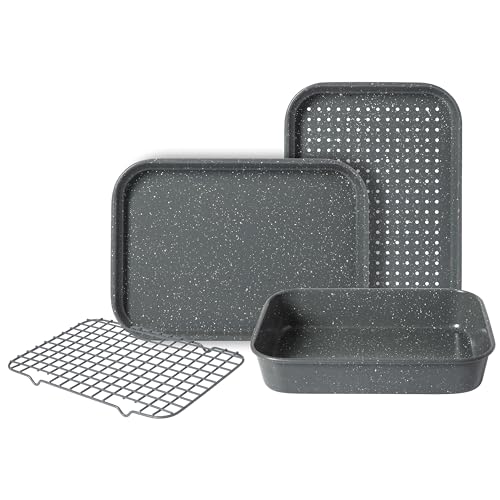 Oster Greystone Premium 4-Piece Carbon Steel Toaster Oven Bakerware Set – PFOA Free Non-Stick Bakeware for Easy Cooking