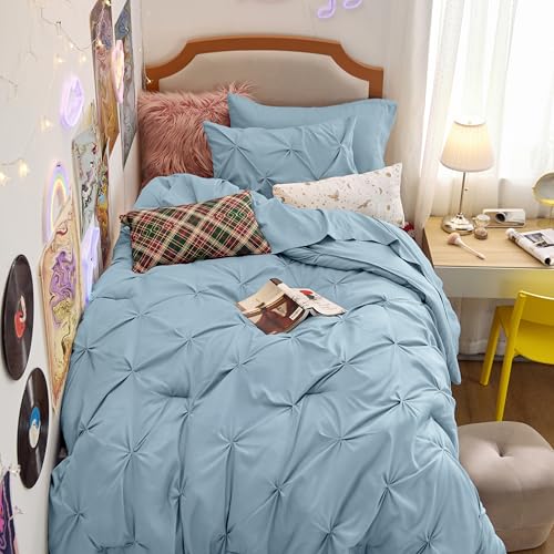 Image of Bedsure Twin Comforter Set Light Blue - Bed in a Bag Twin Size Bedding 5 Pieces, GentleSoft Pintuck Bed Set Gift for Family, All Season Down Alternative Comforter with Sheets, Pillowcase & Sham