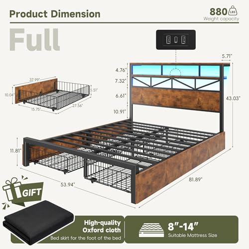 Image of Homkdom Full Size Bed Frame with Large 4 Drawers, 2-Tier Shelf, LED Light and Charging Station, Heavy Duty Platform Bed with 880 lbs Capacity, Easy Assembly,Vintage Brown