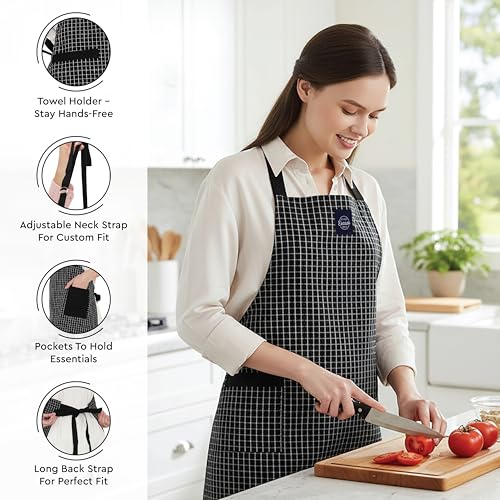 Image of Encasa XO 100% Cotton Apron Set for Women & Men with Adjustable Apron, Oven Gloves & Pot Holder (Pack of 3) Combo, Heat-Resistant, Soft & Durable for Cooking, Baking & Grilling (Butcher Checks Black)